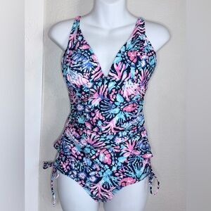 Stella Parker Blue Pink Coral Reef Tankini 2 Piece Swimsuit Small